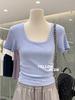 Cuello Cuadrado, Hombro Derecho, Top de Verano de Manga Corta para Mujer con Cintura Entallada y Bajo Plisado para Niñas Pequeñas Dulces, Camiseta Trendy de Aspecto Adelgazante