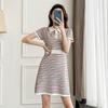Vestido de punto estilo Chanel, nuevo vestido de verano con rayas de colores contrastantes, manga corta, corte A, falda pequeña adelgazante para mujer