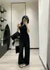 Conjunto de suéter minimalista estilo coreano para mulheres, novo modelo outono e inverno 2026, cardigã de cor sólida, calça de perna larga, conjunto de três peças de tricô de alta qualidade