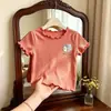 Camiseta de Manga Corta de Seda Helada Estilo Coreano para Niñas Camiseta Lisa de Verano para Bebé con Volantes Top Dopamina para Bebé Casual