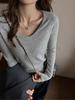 Camiseta de Punto Grueso con Cuello en V de Manga Larga para Mujer, Imitación Cachemir, Otoño e Invierno, Cepillada, Espesada, Camiseta Interior de Terciopelo Alemán, Top Casual Versátil