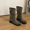 Botas de montar de estilo europeo y americano retro de media pantorrilla con doble hebilla para mujer, nuevo modelo otoño e invierno 2026, tacón grueso, punta redonda, botas apiladas