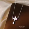 Colar S925 Prata Esterlina Esmalte Rosa e Roxo Cauda de Andorinha para Mulheres com Pingentes, Corrente Versátil Moda Estilo Fresco e Floresta para Clavícula Flor