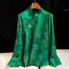 Camisa Verde de Moda de Nuevo Estilo Chino Primavera y Verano Nueva Hebilla Retro Elegante Imitación Seda Manga Larga Camisa Top