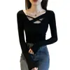 Roupas Femininas 2026 Novos Tops de Outono com um Design Estiloso, Camiseta Preta de Manga Longa Slim-Fit para Usar em Camadas