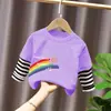 Roupa Feminina Duas Peças Camiseta de Manga Longa Primavera e Outono Top Infantil Roupa de Outono para Crianças Mais Velhas Algodão Puro Camisa Básica Listrada