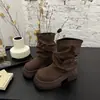 Botas de Cavaleiro com Solado Grosso Aumentadoras de Altura Femininas 2026 Nova Outono Calças Merade Bota Curta Amontoada na Perna Meio da Panturrilha