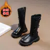 Botas de Couro de Cano Alto para Meninas Inverno Plus Veludo Quente Laço Estilo Britânico Botas Martin Botas de Equitação Antiderrapantes Infantis Preto