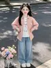 Conjunto de camisa a cuadros estilo coreano para niñas, nuevo atuendo casual holgado de dos piezas para primavera y otoño, ropa de otoño moderna y elegante para niños