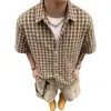 Camisa de Manga Corta a Cuadros Americanos para Hombre Verano Solapa Bolsillo Único Holgada Casual Delgada Camisa Cardigan