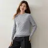Suéter de Cachemira Jacquard Tejido en Cable para Mujer, Cuello Redondo, Manga Larga, Jersey, Elegante Versátil Francés, Capa Base de Punto de Color Liso