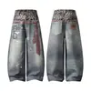 Pantalones Rectos Adelgazantes de Encaje con Cadena Digital de Verano Jeans Impresos Retro Americanos de Moda para Hombre