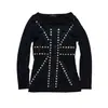 Camiseta Feminina Manga Longa Slim Fit Gola Redonda Moda Transfronteiriça Geométrico Tendência Estilo Americano com Strass
