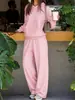 Conjunto de moletom simples e esportivo de cor sólida, estilo europeu e americano, com calça, conjunto casual de duas peças para mulheres, com capuz e bolsos, calça casual de corte reto