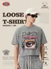 Camiseta Masculina Moda Retrô Americana Marca de Roupas Estilo Boxy Lavagem Pesada Estampa Olho de Floco de Neve Manga Curta para Homens.