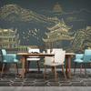 Nuevo estilo chino, líneas de lujo ligeras, paisaje, edificio, relieve dorado, fondo de pantalla de pared, sala de estar, estudio, cine y televisión, mural de tela de pared