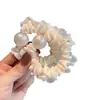 Elástico de cabelo branco pérola rendado estilo retrô coreano, tipo fada, para a parte de trás da cabeça, altamente elástico e durável