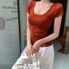 Foto Real de Camiseta de Manga Corta para Mujer Ins Trendy Verano 2025 Nuevo Versátil Cuello Redondo Bajo Clavícula Adelgazante Look Top
