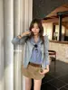 Chá verde limão outono estilo coreano chic preguiçoso visual emagrecedor conjunto de duas peças com gola lapela e mangas compridas para mulheres 11327