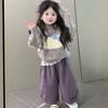 Estilo Coreano Niñas Estilo Hong Kong Dulce Conjunto de Bebé 25 Nuevo Lindo Suéter de Punto + Cortina de Encaje Pantalones de Pierna Ancha Morados