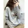 Camiseta de Manga Larga para Mujer Estilo Retro Americano Falso Dos Piezas Bloque de Color Algodón Puro Otoño Versátil Reductora de Edad Elegante Chic Moda Top