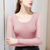 Camiseta de Malla para Mujer Primavera y Otoño 2025 Nueva Cuello Redondo Básica de Manga Larga Camiseta Elástica Interior Color Puro Top