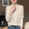 Cómoda camisa básica de mujer de organza de lana peinada fina, cuello medio alto, primavera y verano, nuevo top jacquard de manga larga