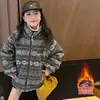 Jaqueta matelassê feminina de outono e inverno, com estampa Fair Isle e forro de pele de carneiro, espessa e quente, com gola alta retrô e suéter fofo