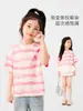 Camiseta de Manga Corta Zuoxi para Niñas Ropa de Verano para Niños Nuevo Estilo 2026 Top Rayado de Algodón Puro para Niños de Talla Mediana y Grande Manga Media de Verano
