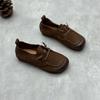 Zapatos Artísticos Hechos a Mano de Cuero Genuino Vintage Punta Redonda Suela Plana Elastómero de Piel de Vaca Suave con Pierna Casual Boca Baja Zapatos de Leche para Mujer
