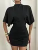Vestido negro de media altura con cuello alto, manga murciélago, espalda descubierta, cintura plisada y diseño ajustado para mujer, transfronterizo europeo y americano 2026