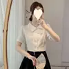Nueva camisa blanca de mujer estilo chino para verano, con cuello asimétrico, manga corta de jacquard, borla vintage y blusa de satén abotonada