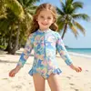 Traje de baño azul floral de manga larga para niña|Traje de baño de una pieza para bebé con cierre frontal y protección solar