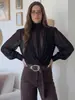 Camisa de Mujer Nueva de Cuello Alto y Manga Larga Estilo Europeo y Americano Transfronteriza con Diseño Francés y Cinta, Top Holgado Ropa de Trabajo