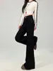 Calça jeans boca de sino preta para mulheres, novo 2026 outono e inverno, cintura alta, modelagem solta, forrada com fleece, calça pantalona afunilada que emagrece