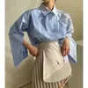 Enviado Coreia Dongdaemun Nicho Retro Color Block Patchwork Botão Inclinado Senso de Design Camisa Listrada Feminina 17108