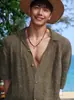 Camisa Tricotada Vazada com Gola Cubana Estilo Old Money Retrô para Homens, Camisa Solta de Manga Curta para Férias na Praia Havaiana de Verão