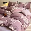 Conjunto de cuatro piezas de algodón tejido lavado de lino crudo, completamente procesado, estampado y teñido, color liso simple, conjunto de tres piezas para dormitorio, funda de edredón individual