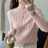 Suéter de Tricô Puro Algodão Manga Longa Versátil com Babados Gola Meia-Alta Simples Quente Camada Base Top Roupa Feminina