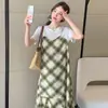 Vestido de maternidad Verano Delgado Holgado Cuadros Costura Falso de Dos Piezas Longitud Media Adelgazante para el Embarazo