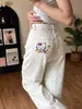Jeans con Estampado Floral de Gatito y Moño para Mujer Otoño 2025 Cintura Alta Efecto Adelgazante Pierna Recta Ancha