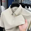 Camisa Polo Masculina de Seda Gelada de Manga Curta, Estilo Fino de Verão de Alta Qualidade, Gola Alta Seamless Prensada Elástica Camisa de Manga Curta