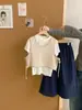 Conjunto de 3 piezas de moda versátil para niñas, estilo coreano, manga corta, verano 2026, chaleco calado de color liso con pantalones largos