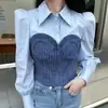 Nuevo diseño estilo coreano para otoño e invierno, camisa versátil y elegante con cuello, top de manga larga con paneles, talla única