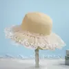 Sombrero de Paja para Playa Verano Costa Amplio Borde Protección Solar Sombrero Cubo para Mujer Moño Encaje Moda Viaje Sombrero para el Sol