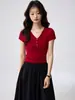 Camiseta de Manga Corta Ecosilk Henry Button para Mujer de 260g, Nuevo Estilo de Verano, Cuello en V, Cintura Alta, Corte Corto Ajustado, Top Elegante