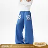 Pantalones de chándal casual de moda con estampado de letras azules para mujer y hombre, pantalones de baile de jazz, estilo holgado y relajado, pantalones deportivos