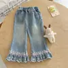 Calça Jeans com Barra de Renda para Meninas Ningli para Primavera e Outono, Calça Longa Flare Versátil com Cintura Elástica Estilosa para Bebês