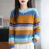 Suéter de tricô listrado para mulheres, curto, gola redonda, de caimento solto, top de tricô casual e estiloso, com uma vibe descontraída e um efeito emagrecedor