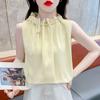 Camisa francesa de alta qualidade com laço e sem mangas, design feminino de verão, camisa pequena plissada, blusa solta e emagrecedora
